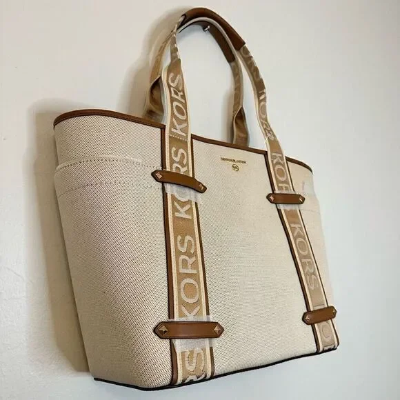 RARE NWT Michael Kors Maeve Large Open Tote Canvas Double Handles Handbag Cream - Picture 7 of 10